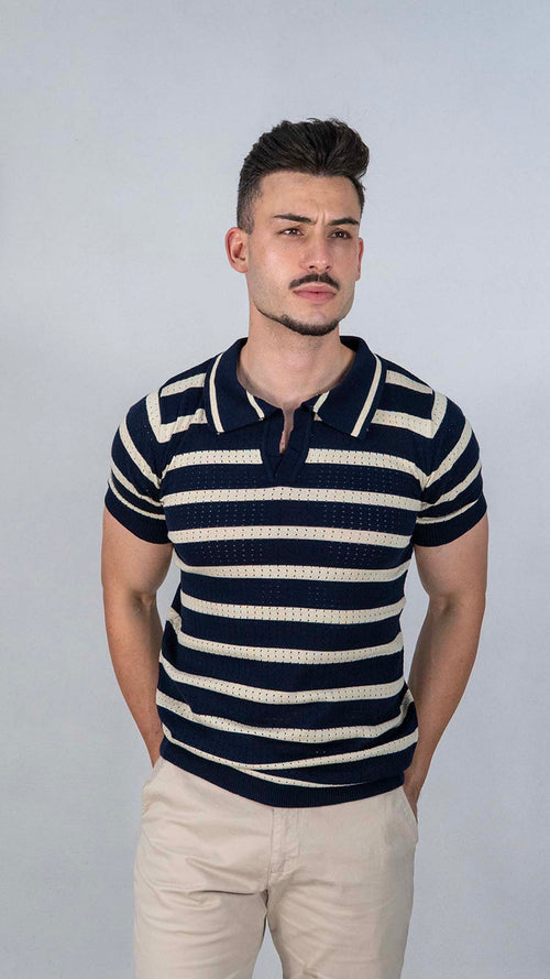 Polo Azul Com Riscas Bege