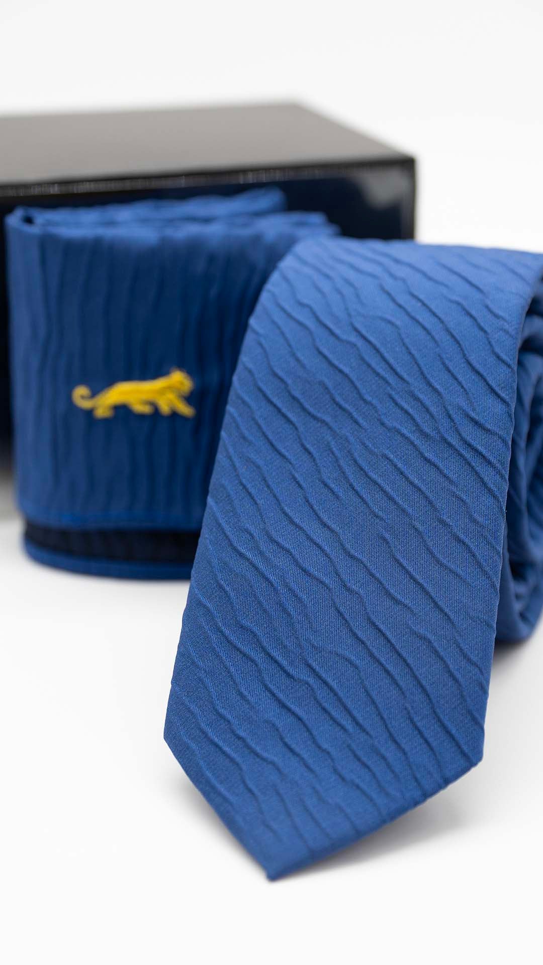 Set Gravata & Lenço Azul Royal Com Relevo