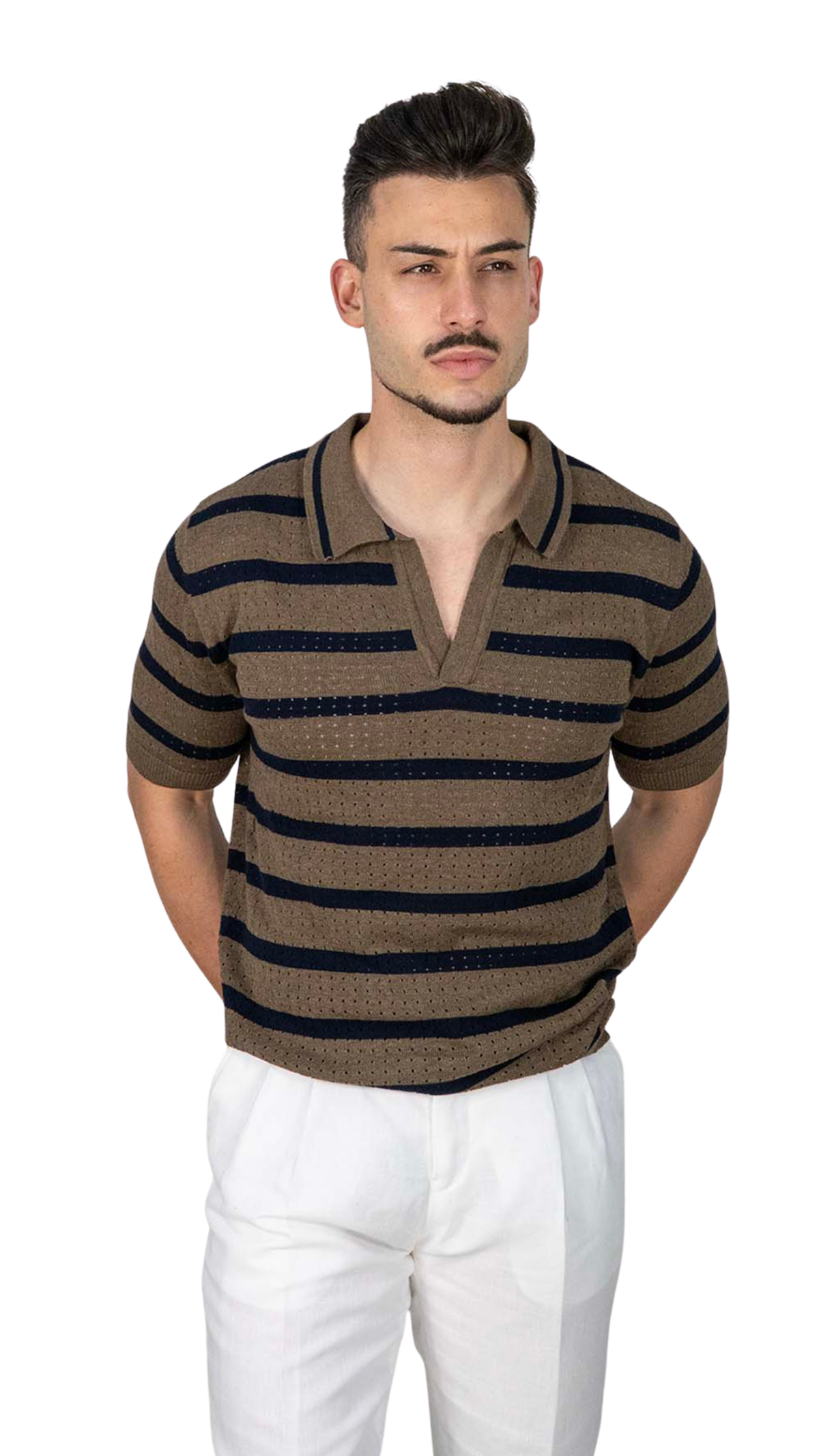 Polo Khaki Com Riscas Azuis