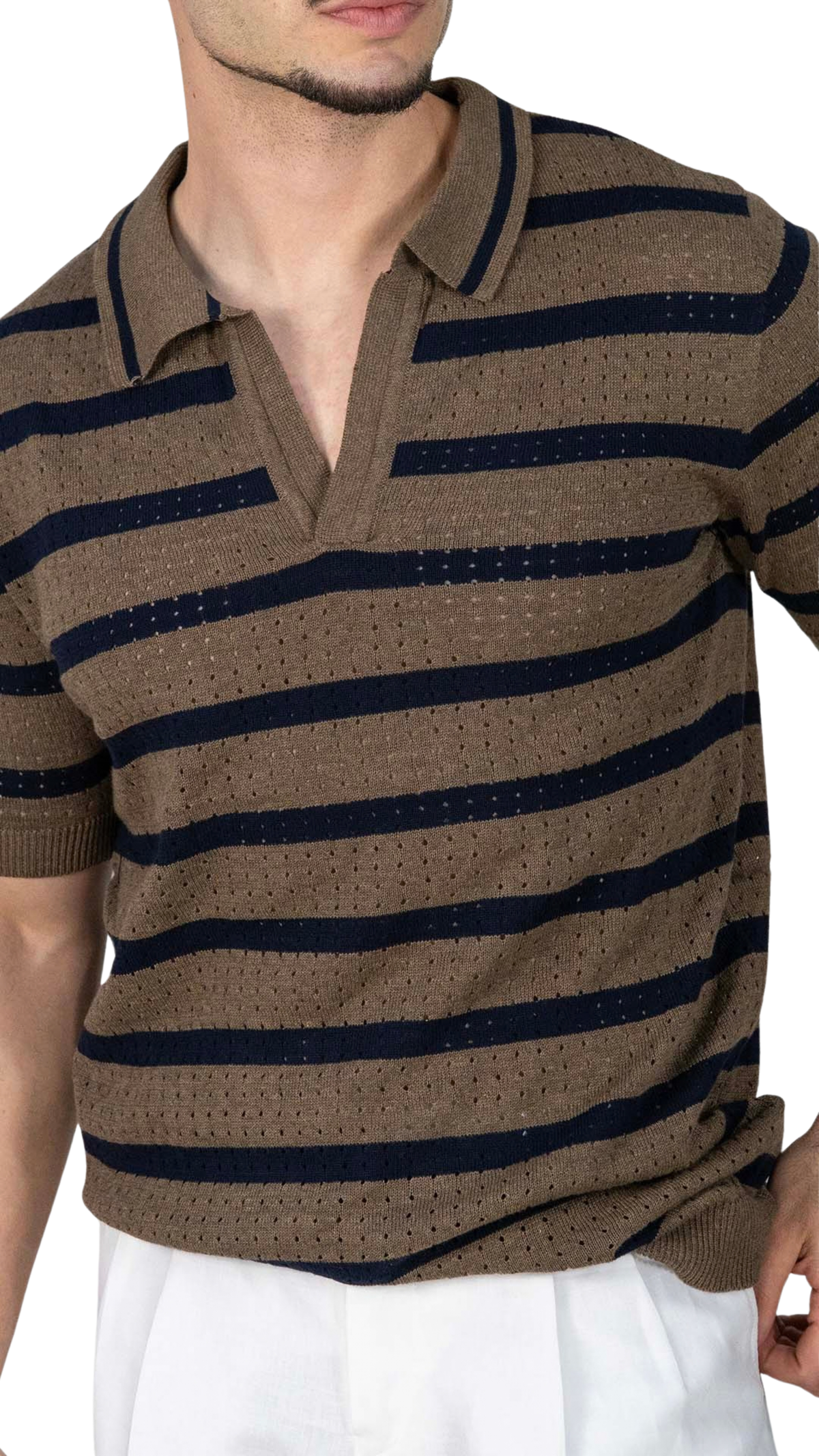 Polo Khaki Com Riscas Azuis