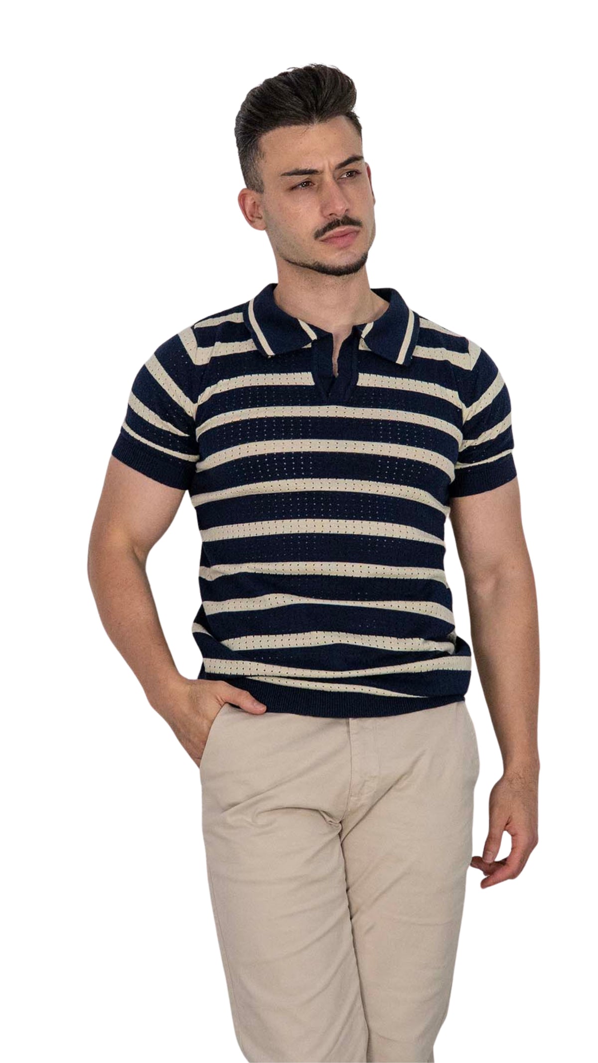 Polo Azul Com Riscas Bege