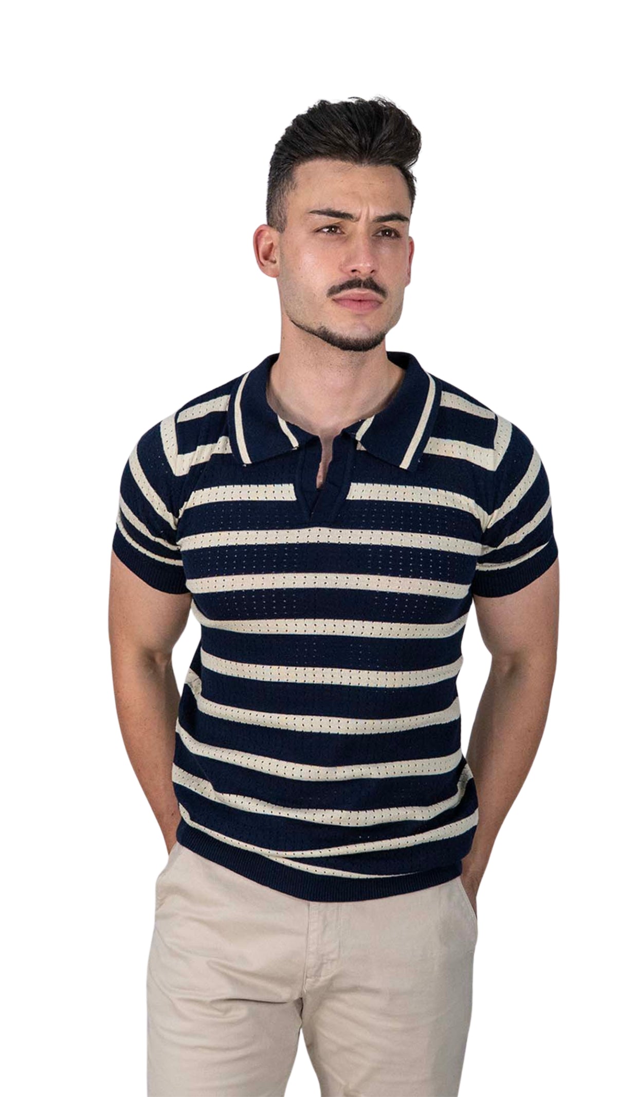 Polo Azul Com Riscas Bege