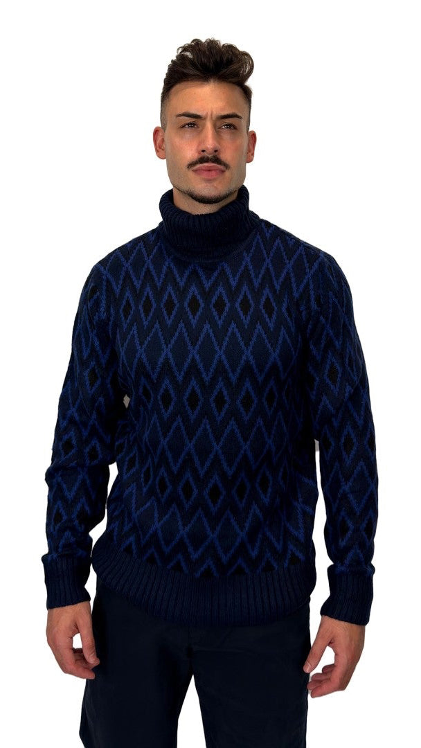 Camisola de Gola Alta com Losangos Azul