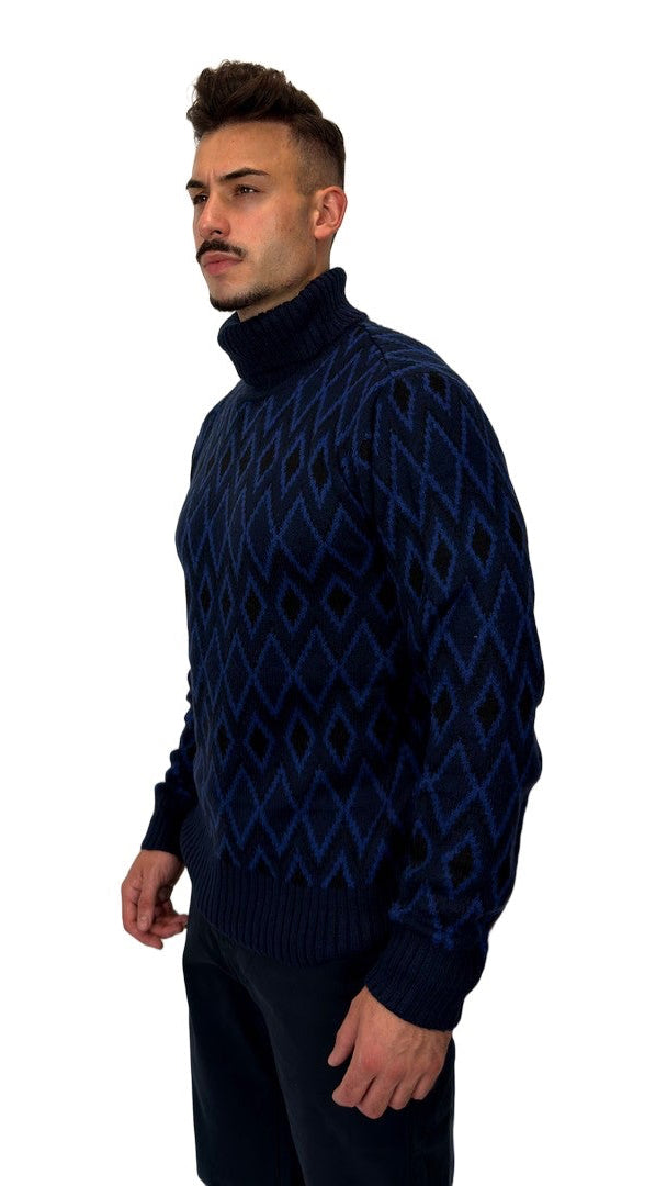 Camisola de Gola Alta com Losangos Azul