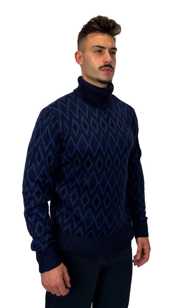 Camisola de Gola Alta com Losangos Azul