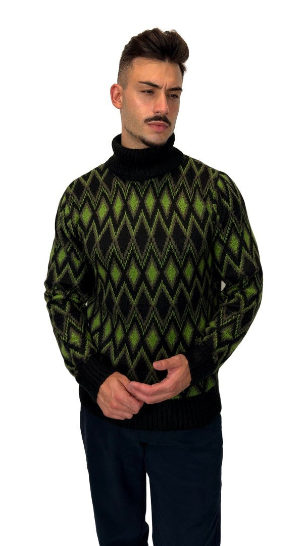 Camisola de Gola Alta com Losangos Verde