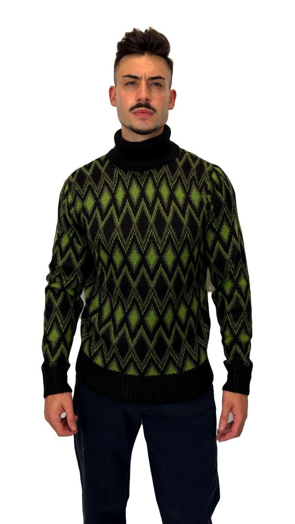 Camisola de Gola Alta com Losangos Verde