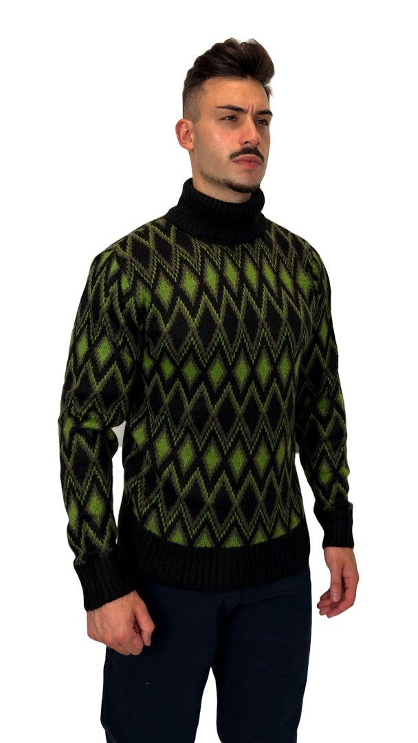 Camisola de Gola Alta com Losangos Verde